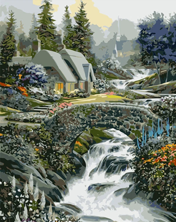 HUACAN картины по номерам пейзаж река акриловый рисунок холст замок картина лес для взрослых стены искусства DIY украшение дома - Цвет: SZHC1842