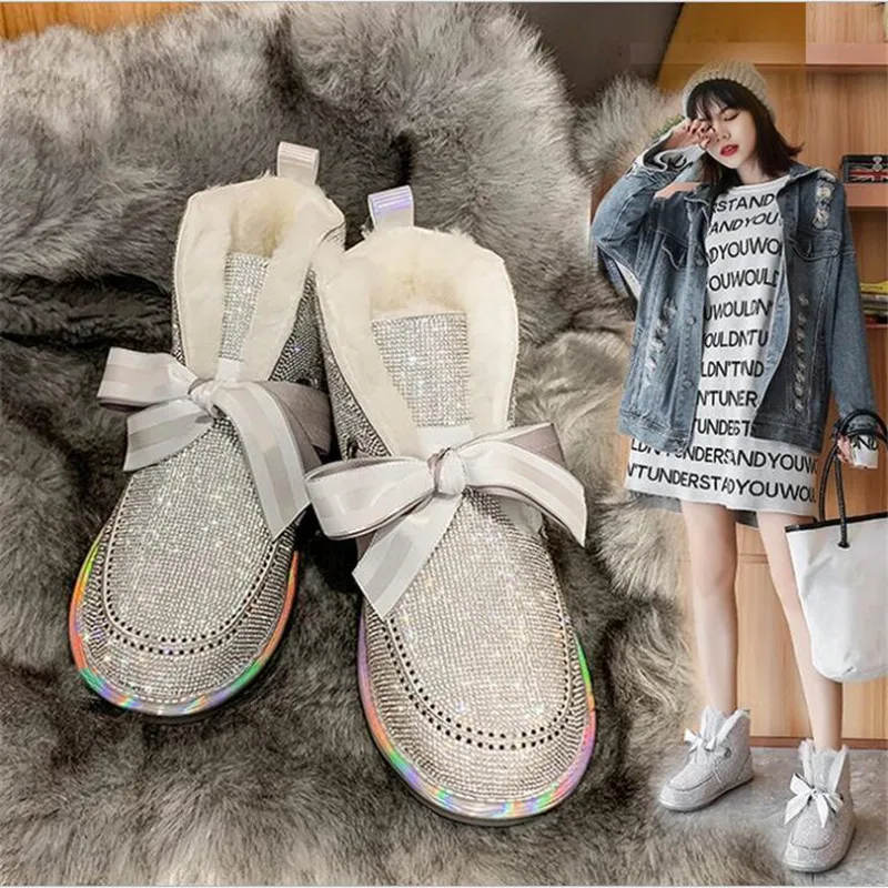 

Full Diamond Fur One Wool Snow Boots Delicate Bow Cotton Shoes Rhinestone Fashion Shoes Women's Shoes 2020 Large Size