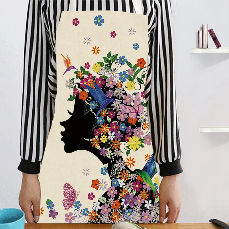 Flower Butterfly Girl Printed Aprons Kitchen Aprons for Women Home Cooking Baking Waist Bib Pinafore