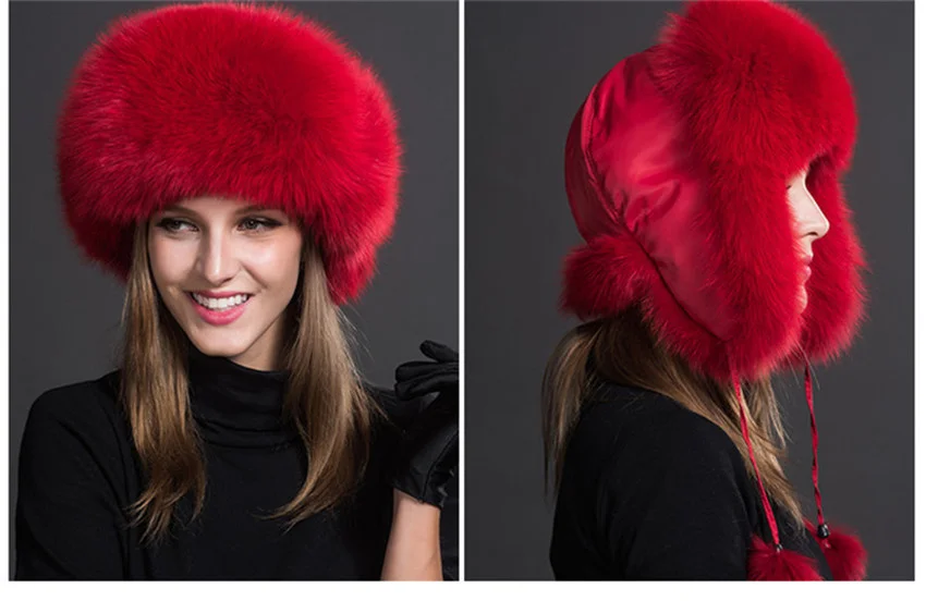 Russia Hot Item Fashion Winter Raccoon&bomber Fox Fur Hat With Ear Flaps For Women Thick and warm Winter Cap mens winter bomber hats