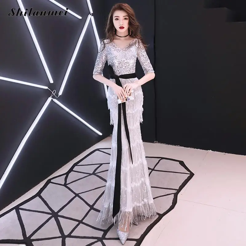 

Sexy Deep V Neck Evening Party Long Sequin Dress Chic Tassel Women Dress Elegant High Waist Robe Longue 2019 Sukienki Xs-Xxl