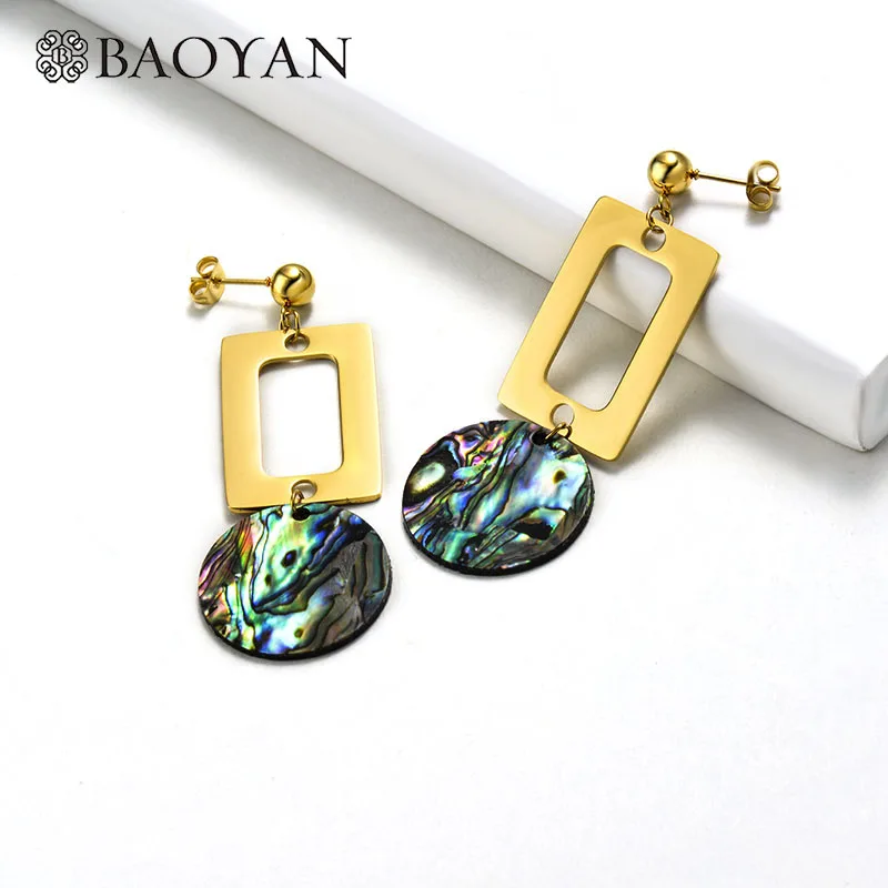SSEGG142-15815 Baoyan титановые Висячие серьги женские ювелирные изделия золотые серебряные серьги из нержавеющей стали натуральные серьги в виде раковины абалона для женщин - Окраска металла: SSEGG142-15815