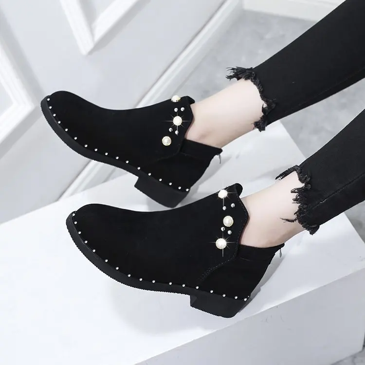 

Short Boots Women's 2019 Autumn And Winter New Style Chunky-Heel Korean-style Martin Boots Dull Polish Pearl Versatile Students