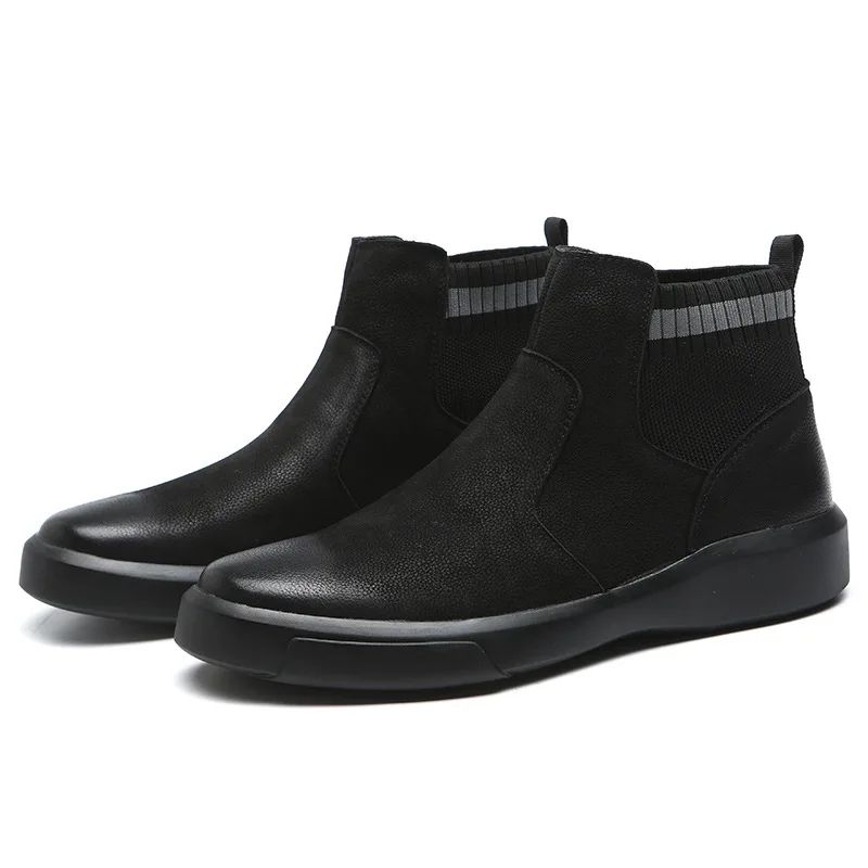 NPEZKGC/Новинка года; модные мужские кожаные ботинки; сезон осень-зима; теплые хлопковые Брендовые ботильоны; Мужская обувь без шнуровки; повседневная обувь - Цвет: Black With Fur