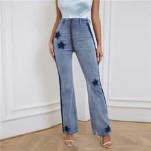 

BARTLOCK High Waist Slim Jeans Women Fashion Comfy Casual Straight Leg Pants Mom Jeans Washed Star Model Wide Leg Trousers New