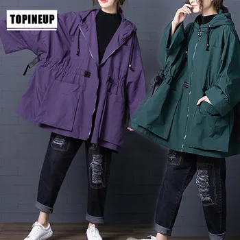 

BF Style Loose Women Drawstring Hooded Jacket Long Sleeve Solid Color Plus Size Elegant Vintage Female Coats