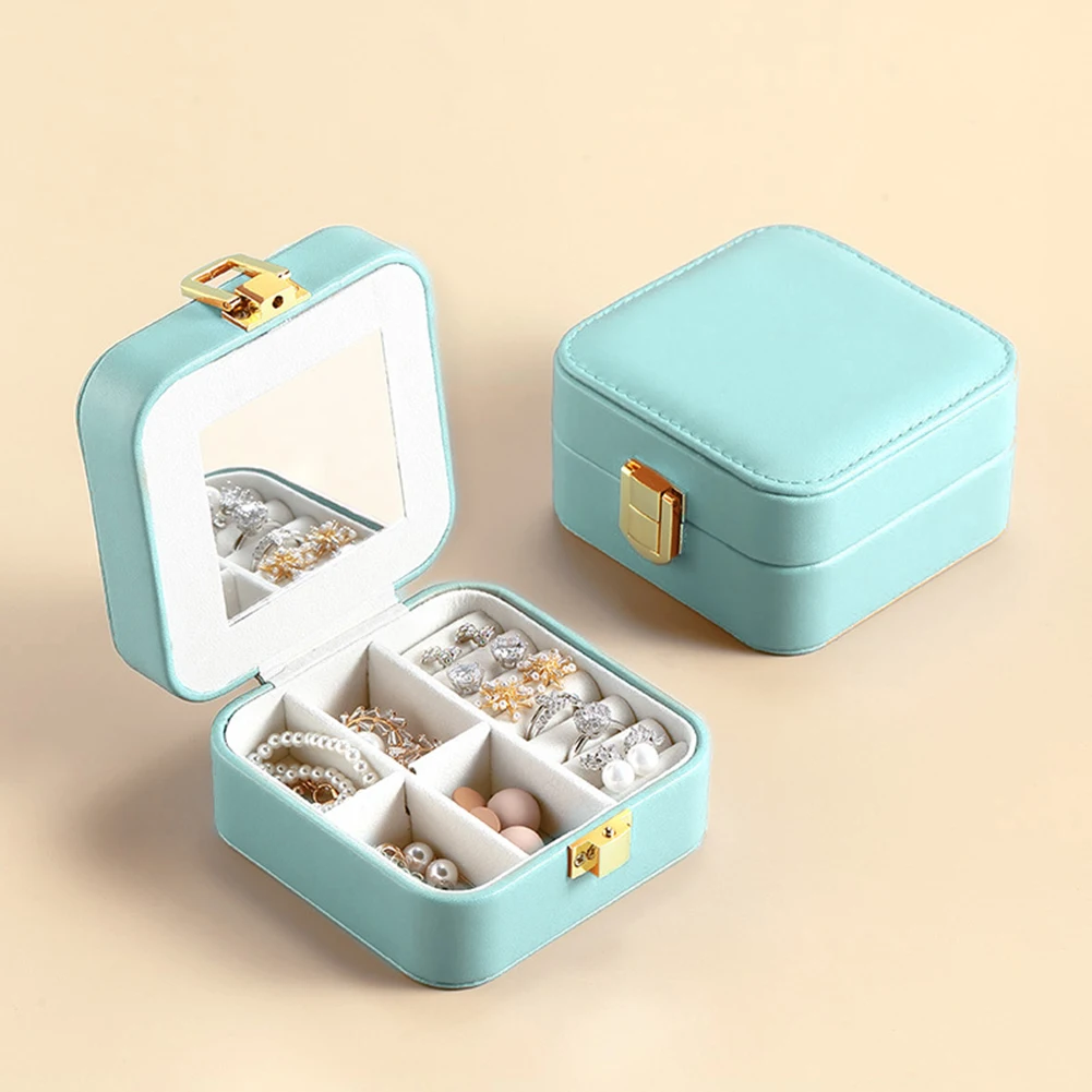 Mini Leather Jewelry Box Earrings Rings Holder Organizer with Mirror Travel Portable Square Shaped Necklace Studs