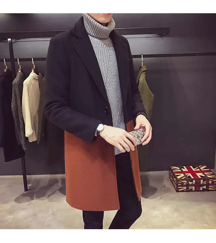 Лоскутное шерстяное пальто, Тренч средней длины, Мужское пальто Chaqueta Invierno Hombre, контрастный Тренч, Дизайнерская верхняя одежда, вечерние, Клубные
