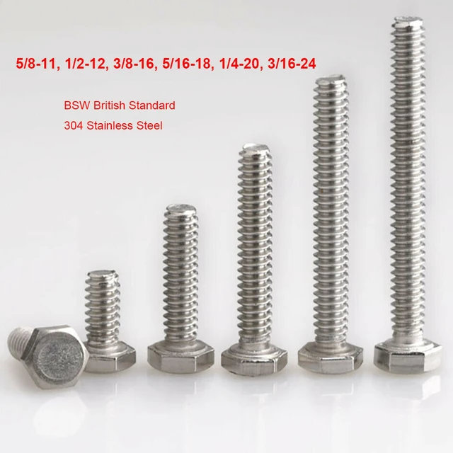External Hex Head Screws BSW British Standard 304 A2 Stainless Steel