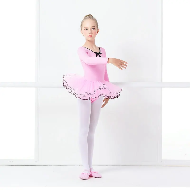 pink long Балетное трико с длинными/короткими рукавами для детей, балетное платье-пачка для танцев трико для детей, для йоги, художественной гимнастики - Цвет: pink long