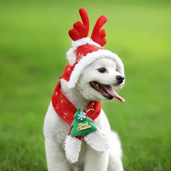 

Dog Cat Hat Scarf Set Costumes New Year Pet Santa Birthday Scarf Antler Christmas Hat Costume for Puppy Kitten Small