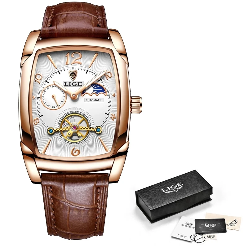 LIGE Mens Watches Square Automatic Watch Men Tourbillon Clock Genuine Leather Waterproof Mechanical Watch