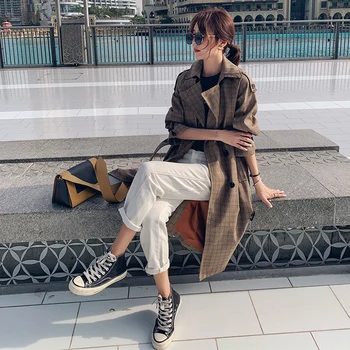 

Women's Windbreaker Mid-length Section 2020 Spring New Korean Fashion Trench Coat Casual Plaid Striped Ladies Spring Autumn Coat
