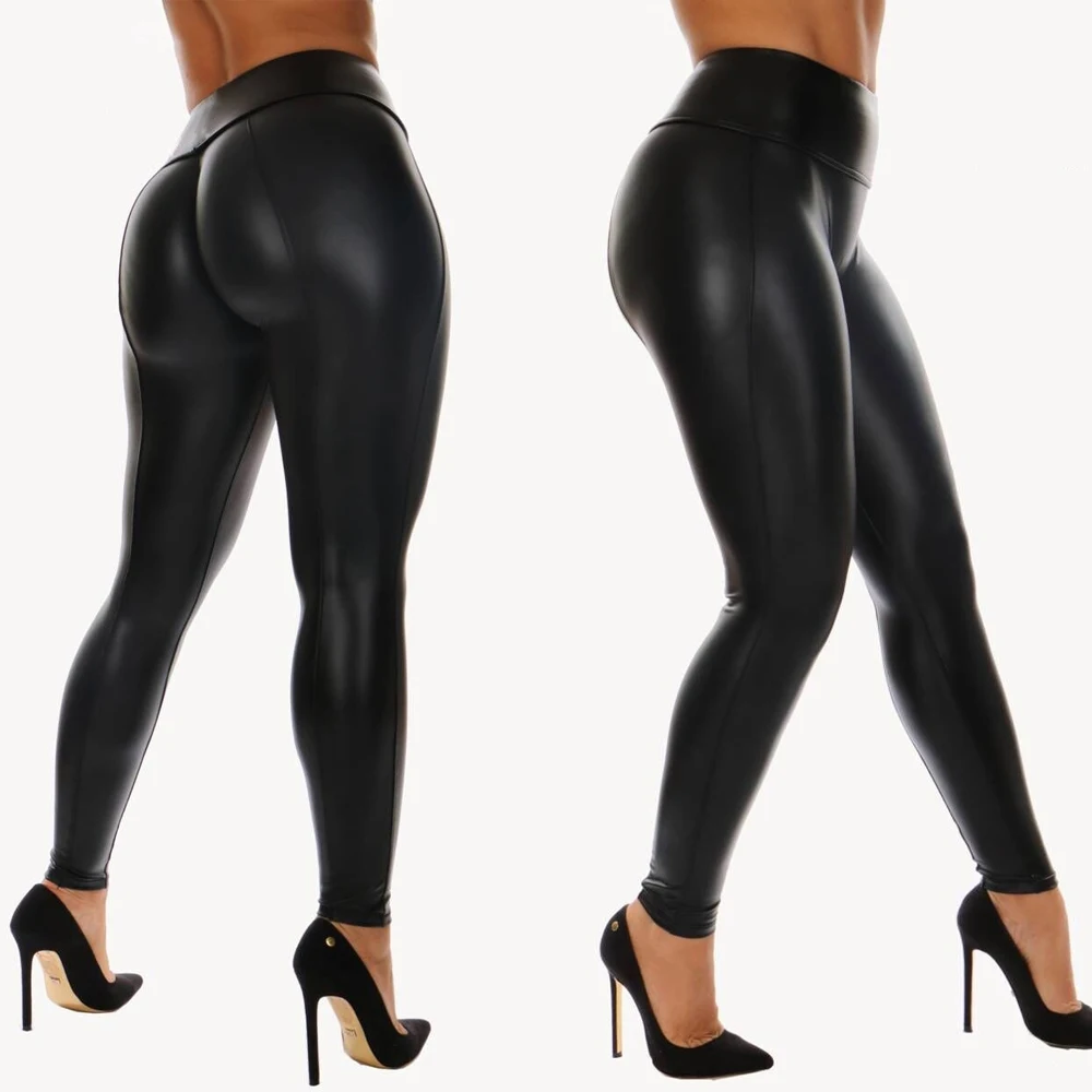 Women Black PU Legging Shiny Bling Faux Patent Leather Stretch Elastic Leggings High Waist Pants Slim Trousers
