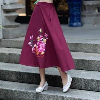

online chinese store ropa mujer women winter brand ethnic designer long black red embroidery a-line skirt юбка женская