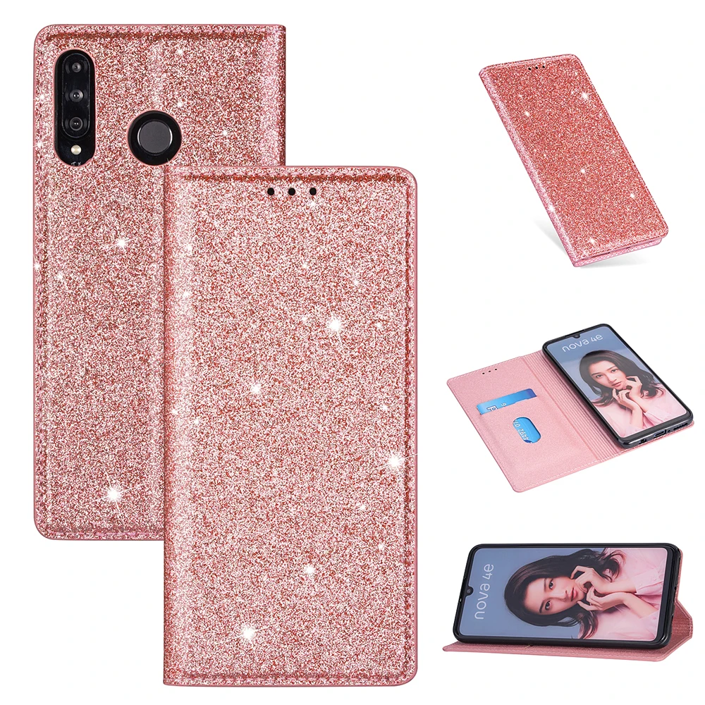 Bright pink glitter phone case for Huawei P30 P20 Mate10 Mate20 LIte Pro Y6 Y7 P Smsrt Plus 2019 flip cover leather case pu case for huawei