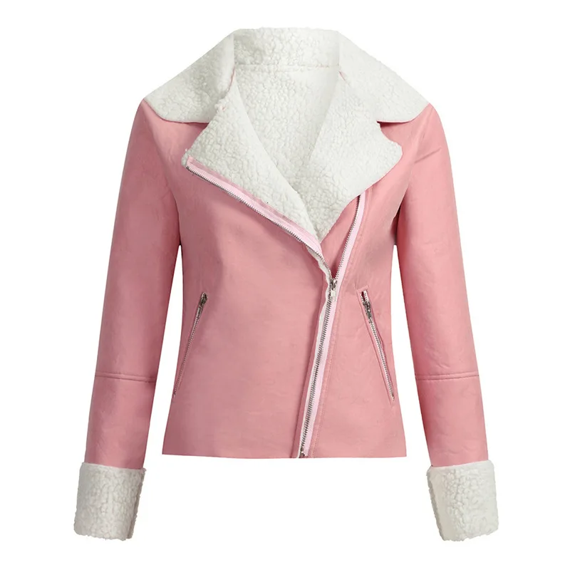 Зимняя куртка для женщин, женская замшевая куртка с отворотом и пряжкой, крутая куртка пилота из искусственной овечьей шерсти, мотоциклетная куртка, Женская шерстяная куртка - Цвет: Pink