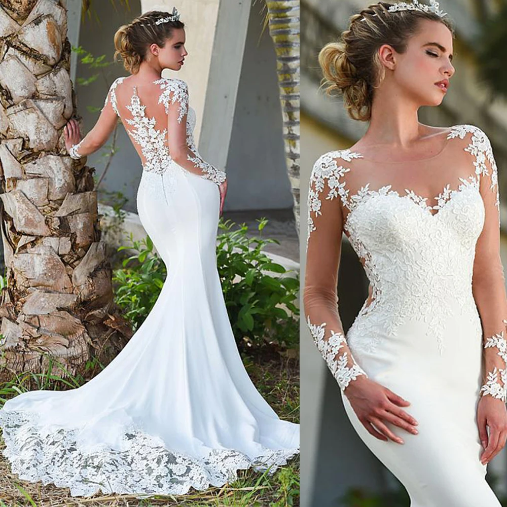 

See Through Mermaid Wedding Dress Plus Size Cheap Bridal Dresses Vestidos De Novia 2019 Long Sleeves Tulle Bride Marriage Gowns