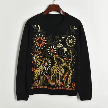 

Embroidery Women Sweater Spring Knit Tops High Quality Round Neck Pullovers Runway Sweater Retro Jumper Navy Blue/black Tops