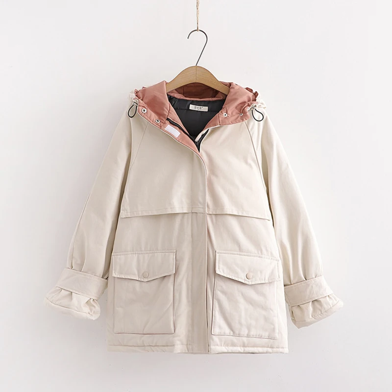 Harajuku Autumn winter women's clothing Coat Parkas casual loose Hooded Solid color Big pocket Thick Warm Outwear - Цвет: Бежевый