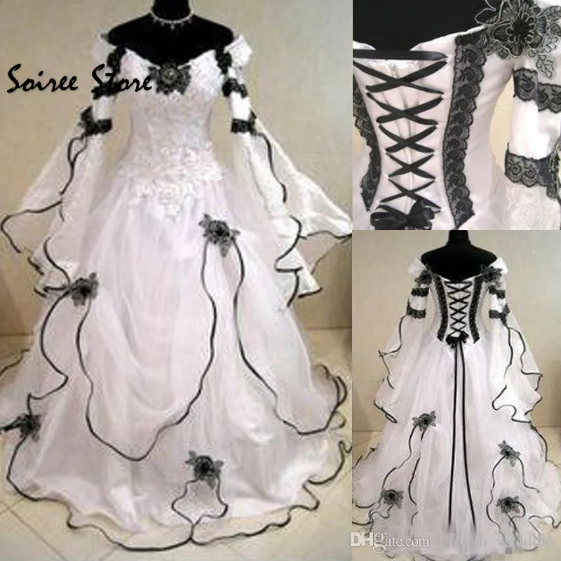 

Victorian Gothic Black And White Wedding Dress Puff Sleeves Organza Country Lace Wedding Dress Boho Corset Arabic Turkey Bride