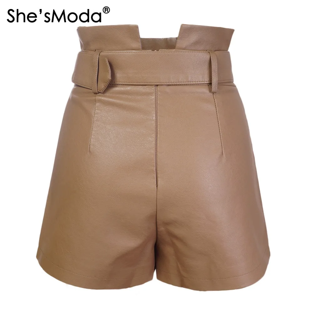 She'sModa из искусственной кожи ремень новые женские с высокой талией Прямые шорты с карманом размера плюс