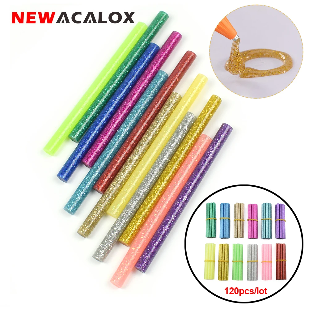 NEWACALOX Color Hot Glue Sticks 120 Pcs Glitter Hot Melt Glue Sticks Mini Size 7 x 100 mm Adhesive Hot Glue Sticks for DIY Art