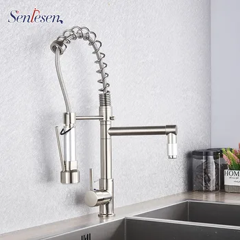 

Senlesen Chrome Brass Kitchen Faucet Spring Hose Double Spout Pull Down Single Handle Vessel Sink Kitchen Mixer Taps