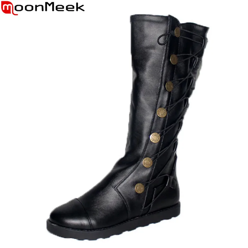 

MoonMeek Big size 34-43 new arrive fashion knee high boots flat heel round toe pu keather leisure shoes comfortable women boots