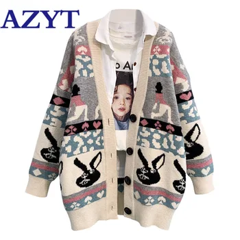 

AZYT Autumn Cartoon Print Female Cardigan Jacket Fall 2020 New V Neck Loose Women's Sweater Coat Fashion Knitted Cardigan Mujer
