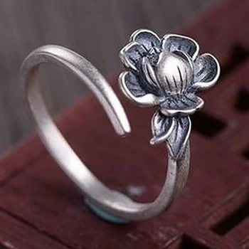 

S925 silver original craft retro non-inlaid cold wind niche design peony women niche design charm opening adjustable ring