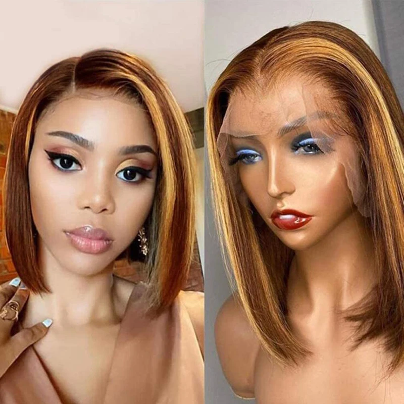 Frente do Laço Perucas de Cabelo Humano em Linha Parte do Meio para as Mulheres Aleesa Reta Parte Curto Bob Perucas Pré Arrancadas Negras 13x4x1 Moda t 2 Aleesa frente do laço perucas de cabelo