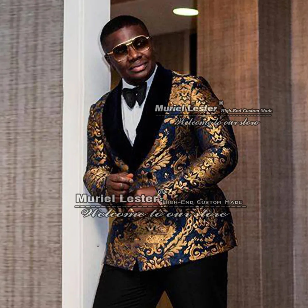 

Spring/Autumn Navy Men Suits With Gold Jacquard+Pants 2 Pieces Formal Wedding Tuxedos Slim Fit Double Breasted Blazers Masculino