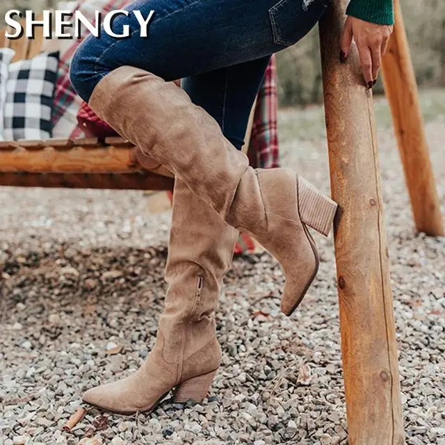 Botas por encima de la rodilla para mujer, zapatos sexys de Punta Alta, Aterciopelados, sin cordones, elegantes, para fiesta, Invierno
