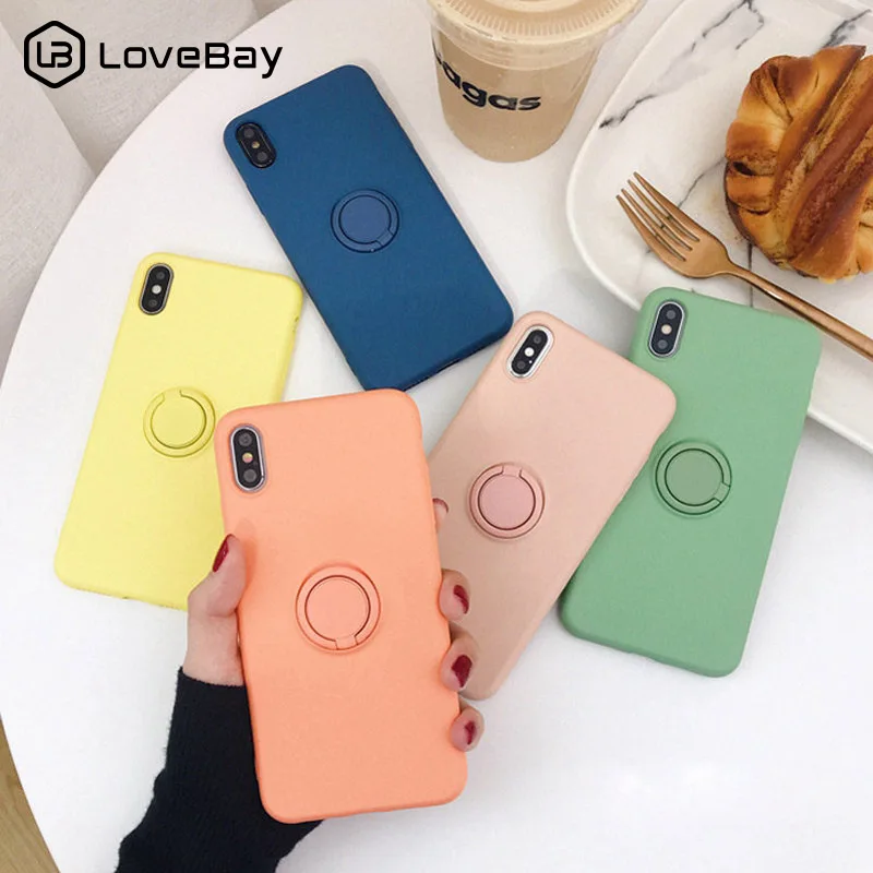 

Lovebay Liquid Silicone Candy Color Case For iPhone 7 8 6 6s Plus X XR XS Max Stand Holder Ring Solid Phone Case Soft Back Cover