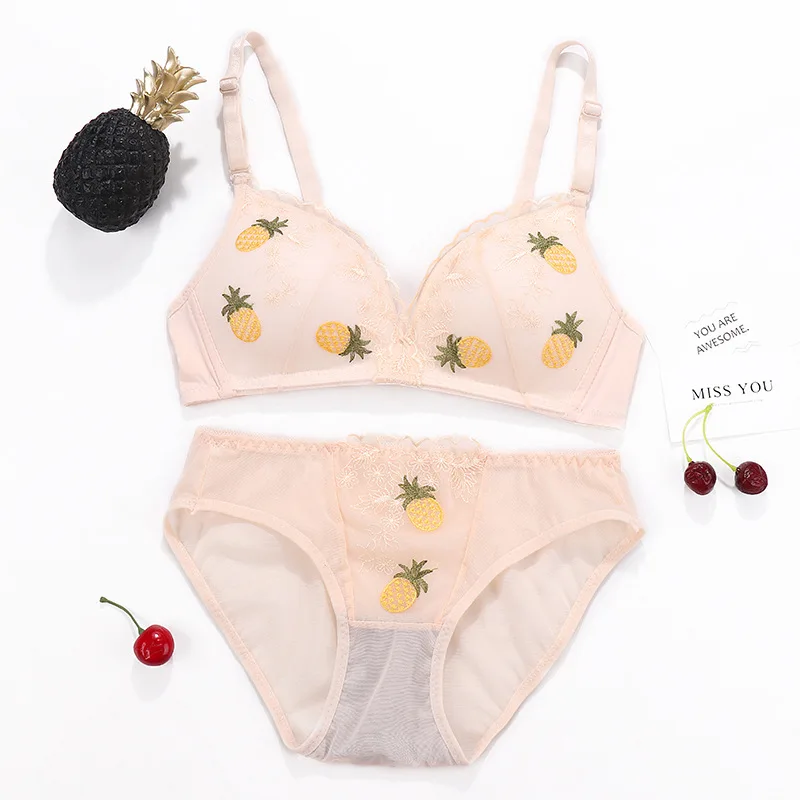 White pineapple set Лидер продаж, Женский комплект нижнего белья, беспроводной Ультра-тонкий комплект с бюстгальтером с вышитыми фруктами и цветами, сексуальное кружевное романтическое женское белье, бюстгальтеры пуш-ап - Цвет: White pineapple set
