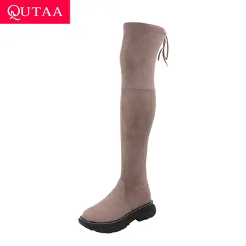 

QUTAA 2021 Over The Knee Boots Winter Round Toe Lace Up Keep Warm Women Shoes Square Heel Flock Stretch Long Boots Size 34-39