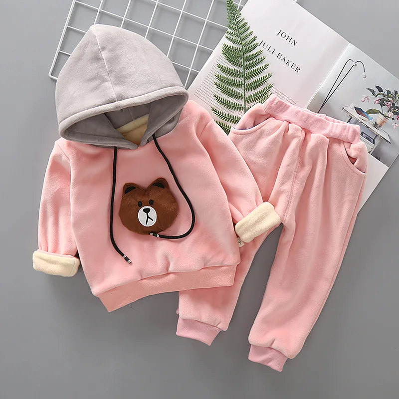 

2019 Children Winter Children Baby Cartoon Bear Head Brushed And Thick Hoodie Two-Piece Set Childrenswear