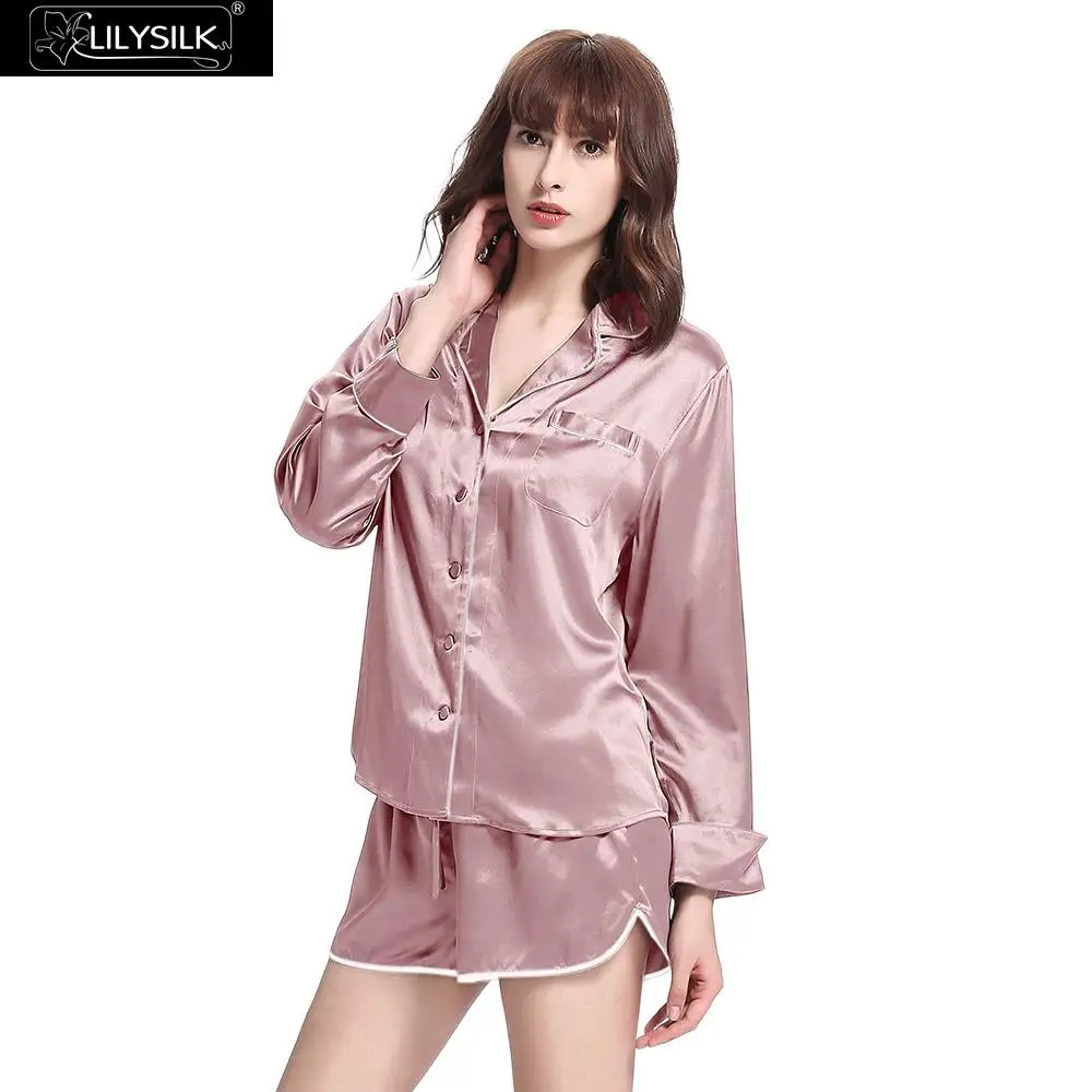 Quicksand Pink LilySilk пижамы шорты набор для женщин Чистый 100 шелк 22 мама для пижамы Роскошные с отделкой стежка сна Lounge - Цвет: Quicksand Pink