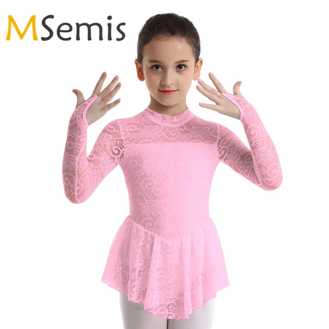 US $11.69 Kids Girls Gymnastics Ballet Leotard Costume Mock Neck Floral Lace Figure Ice Skating Roller Skatin