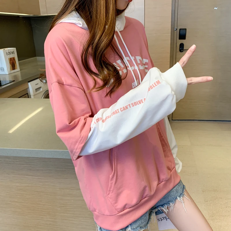 

Hooded Sweatshirt Women Harajuku Autumn Thin Hoodies Fashion Letter Printed Woman Hoodie Casual Girls Fake Two Clothes for Teens