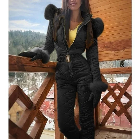 S-XXXL, женский комбинезон с перчаткой, дышащая куртка для сноуборда, лыжные костюмы, брючные комплекты, теплые боди, уличные зимние костюмы - Цвет: Черный