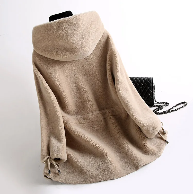 Женское зимнее пальто из натурального меха, стрижка овец, женская теплая Натуральная овечья шерсть, шуба с капюшоном и поясом, пальто AE924