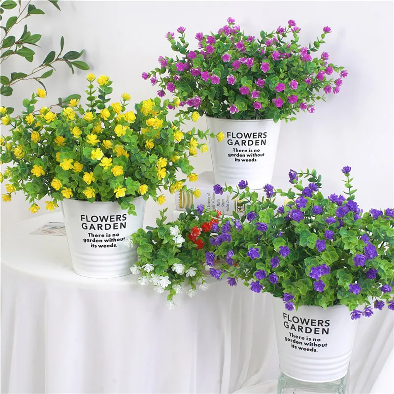 Plantas artificiales para decoración del hogar, hierba verde, eucalipto, rosa de Gypsophila, lirio, flores falsas, mesa de salón de bodas