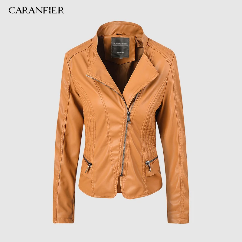 CARANFIER, женская кожаная куртка, мотоциклетная, осенняя, с длинным рукавом, на молнии, Куртки из искусственной кожи, 6 цветов, женские пальто, верхняя одежда - Цвет: Yellow