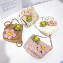 Flowers Stars Lovely Mini Coin Purse Bag Children's Crafts Gift Straw Bag Bucket Woven Bag Baby Girl's Small Crossbody Bag