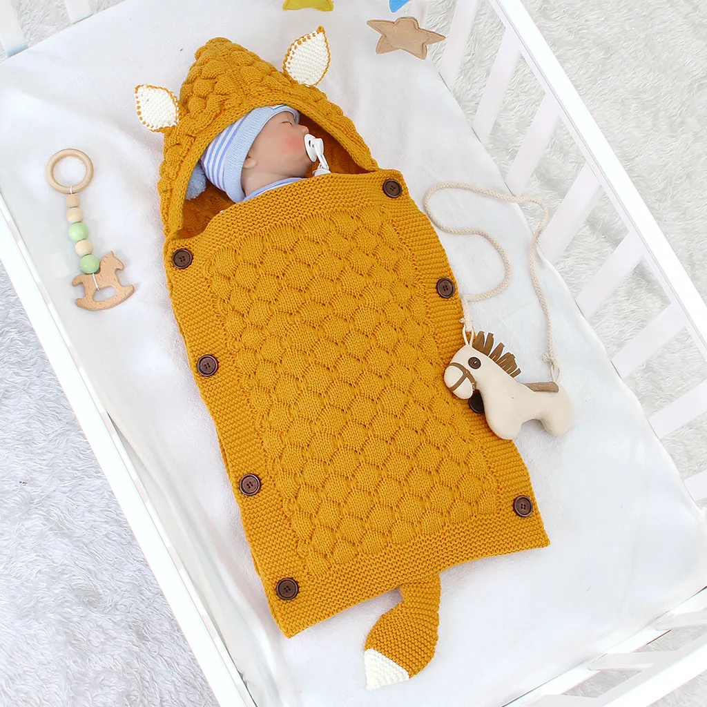 

Kniting Receiving Blankets for Newborn Baby Cartoon Rabbit Ear Infant Baby Button Knitted Winter Sleeping Blanket