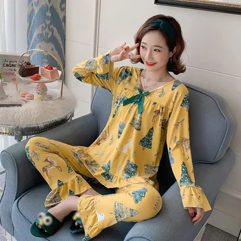 

2019 Autumn Women Pajamas Sets Flower Print Fashion Bow Luxury Female Silk Shirts Pants Nightwear Sleepwear Pijama Mujer