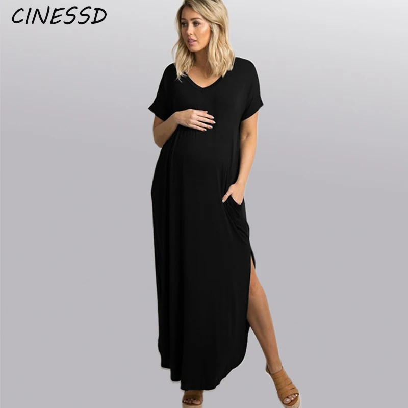 

Casual Maternity Dress Summer Short Sleeve Solid Clothes for Pregnant Women Maternity V-neck Loose Pregnancy Dresses