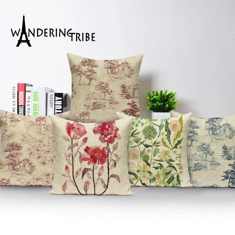 

Farmhouse Decor Scenery Cushion Cover Vintage Flower Home Decor Landscape Throw Pillow Case Floral Tree Plant Bed Pillows Covers